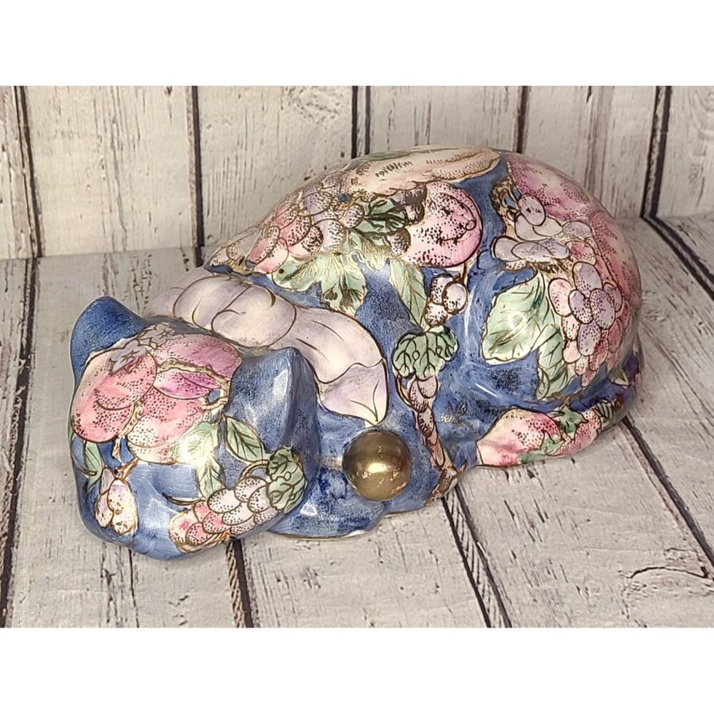 12" Rare Vintage Chinese Painted Ceramic Sleeping Cat Figurine Peach Blossoms